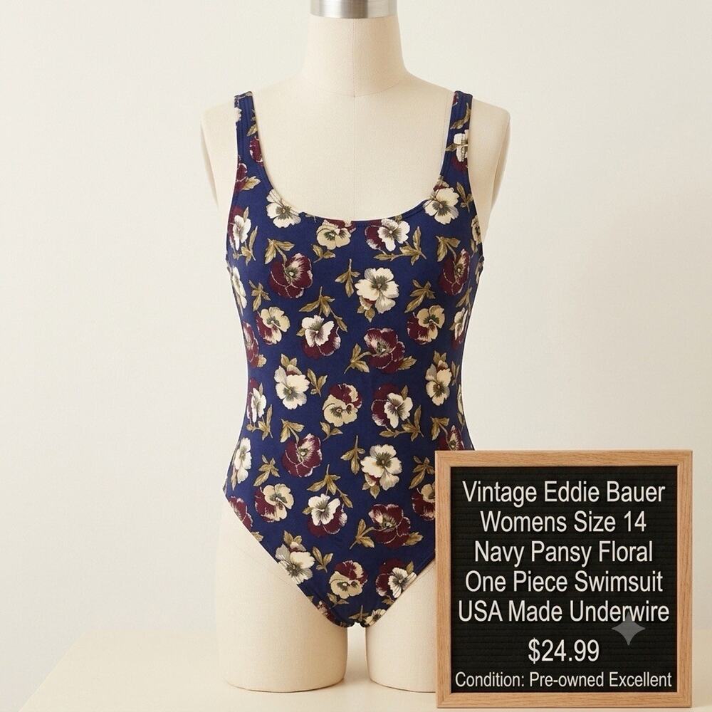 Vintage Eddie Bauer Swimsuit Womens 14 Navy Floral Pansy One Piece Underwire USA